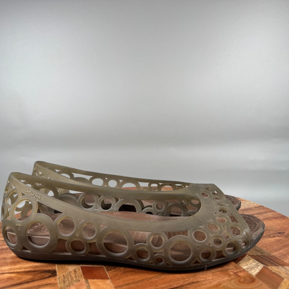 Crocs Adrina Peep Toe Jelly Flats Bronze Brown Geometric Cutout Shoes Womens 7